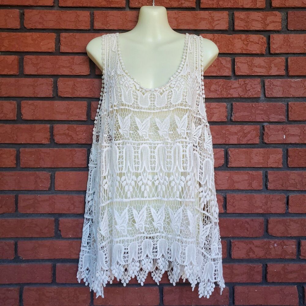 Soho Lady Y2K Crochet Tank Top Plus Size Cream Boho Butterflies Floral Festival